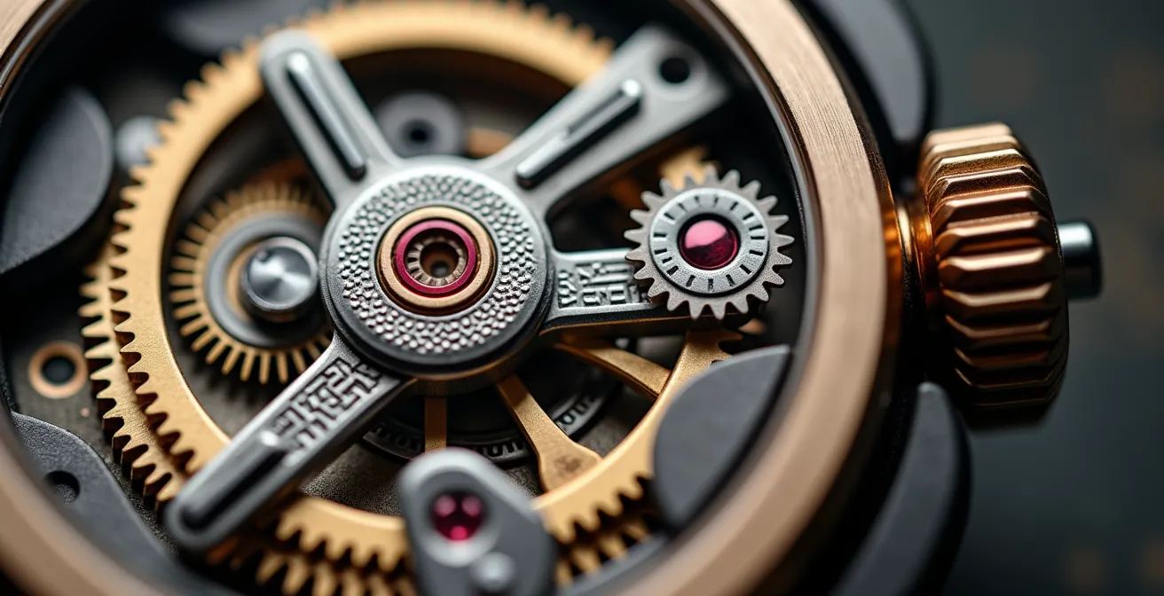 Gros plan sur un mécanisme d'horlogerie complexe avec engrenages et ressorts pour symboliser l'automatisation et la précision de la réponse à incident