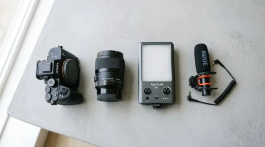 Kit de démarrage audiovisuel professionnel avec caméra, objectif et panneau LED sur fond de studio