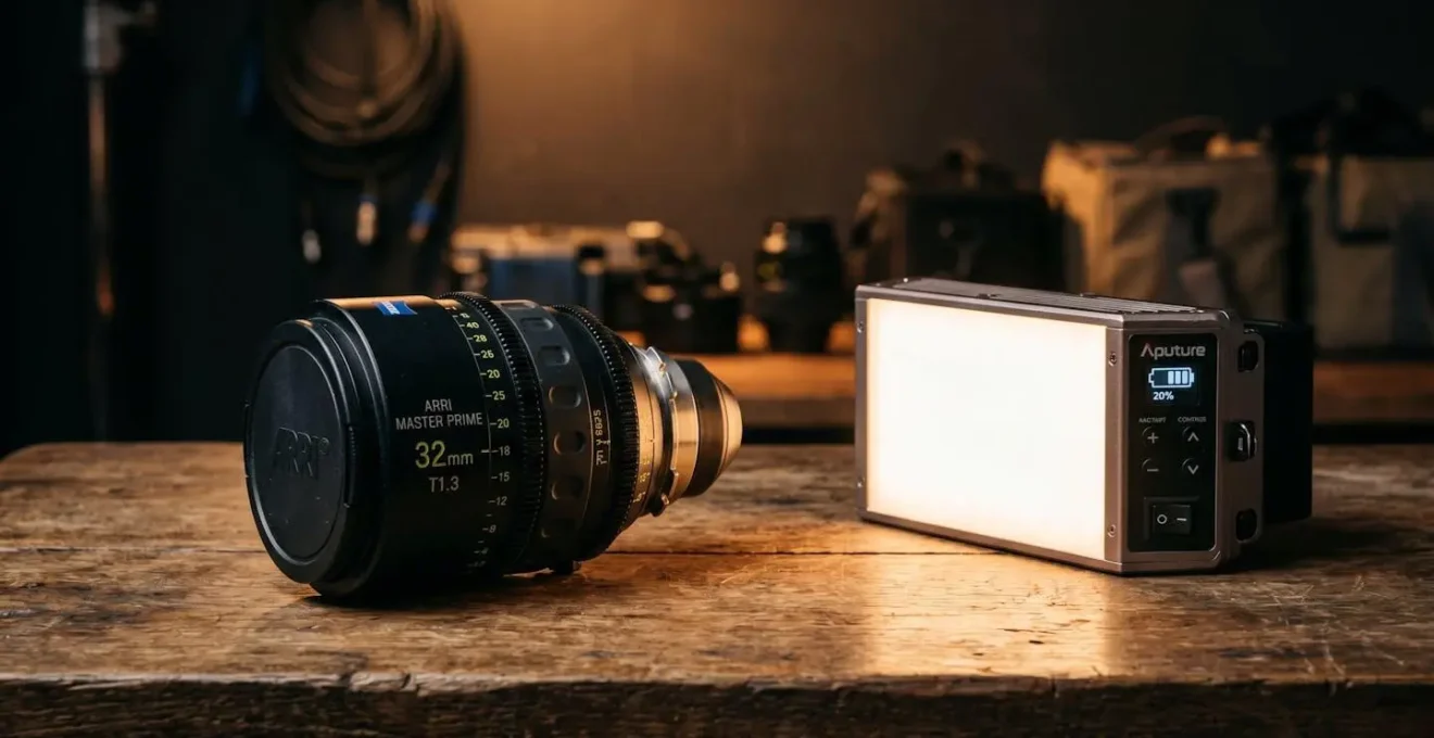 Objectif cinéma sur monture PL posé devant un panneau LED de studio en lumière chaude