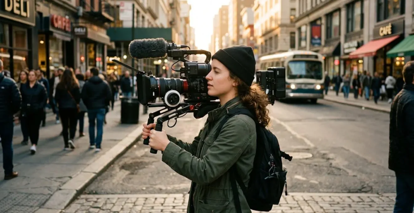 Réalisateur débutant utilisant une caméra broadcast professionnelle lors d'un tournage en extérieur urbain